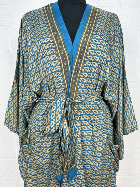 Recycle Vintage Silk Riya Short Kimono Boho Robe Soft Lightweight Breathable Beach Coverup | Perfect Gift For Her