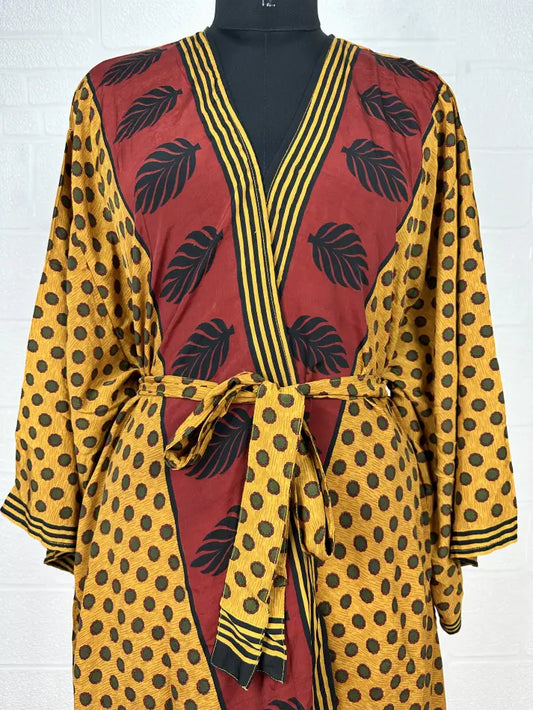 Recycle Vintage Silk Riya Short Kimono Boho Robe Soft Lightweight Breathable Beach Coverup | Perfect Gift For Her