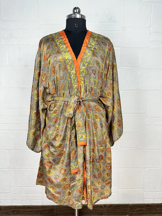 Recycle Vintage Silk Riya Short Kimono Boho Robe Soft Lightweight Breathable Beach Coverup | Perfect Gift For Her