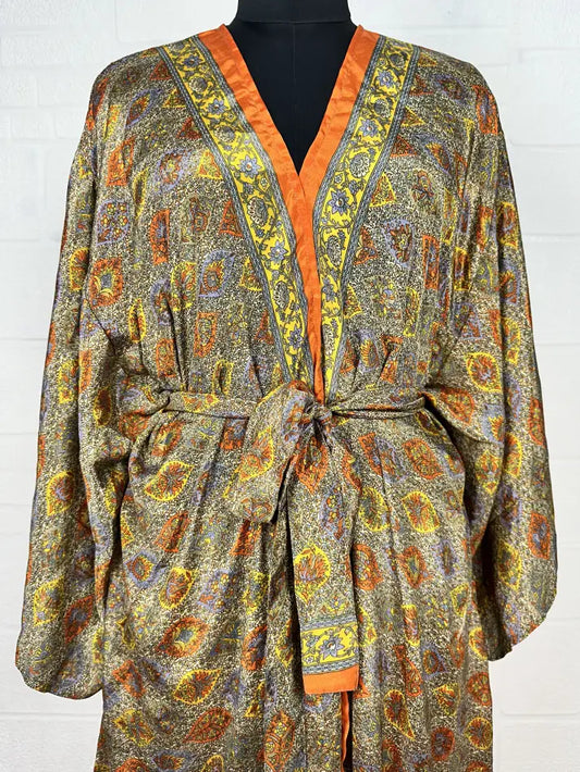 Recycle Vintage Silk Riya Short Kimono Boho Robe Soft Lightweight Breathable Beach Coverup | Perfect Gift For Her