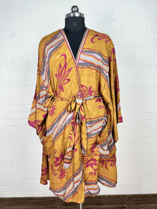 Recycle Vintage Silk Riya Short Kimono Boho Robe Soft Lightweight Breathable Beach Coverup | Perfect Gift For Her