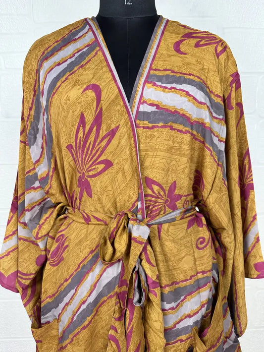 Recycle Vintage Silk Riya Short Kimono Boho Robe Soft Lightweight Breathable Beach Coverup | Perfect Gift For Her