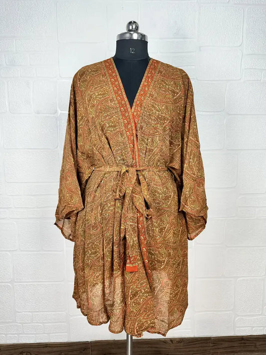 Recycle Vintage Silk Riya Short Kimono Boho Robe Soft Lightweight Breathable Beach Coverup | Perfect Gift For Her