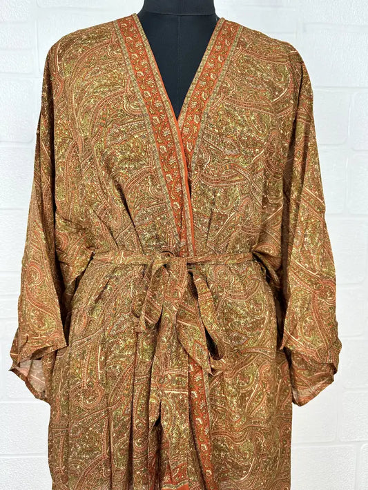 Recycle Vintage Silk Riya Short Kimono Boho Robe Soft Lightweight Breathable Beach Coverup | Perfect Gift For Her