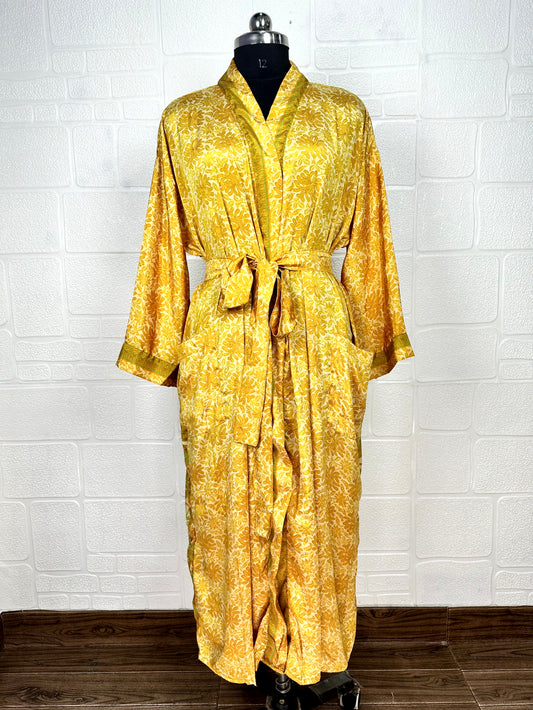 Recycle Boho House Robe Kimono Vintage Silk Sari Dressing Gown, Beach Coverup, Bridesmaid, Anniversary Gift Her | Floral Print