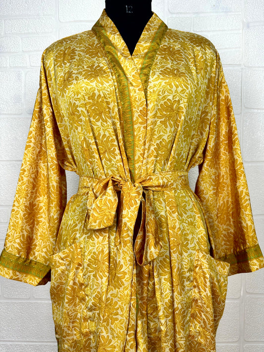 Recycle Boho House Robe Kimono Vintage Silk Sari Dressing Gown, Beach Coverup, Bridesmaid, Anniversary Gift Her | Floral Print