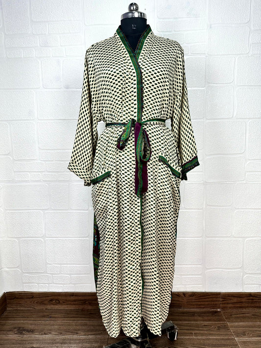 Recycle Boho House Robe Kimono Vintage Silk Sari Dressing Gown, Beach Coverup, Bridesmaid, Anniversary Gift Her | Floral Print