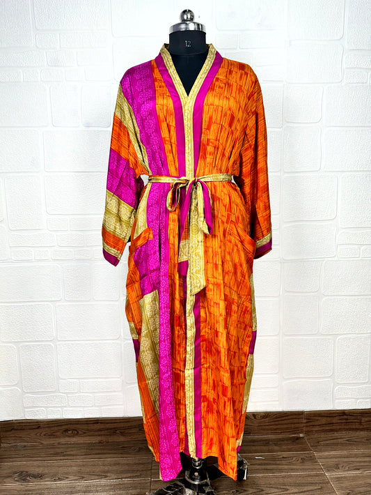 Recycle Boho House Robe Kimono Vintage Silk Sari Dressing Gown, Beach Coverup, Bridesmaid, Anniversary Gift Her | Floral Print