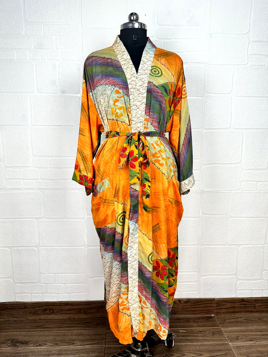 Recycle Boho House Robe Kimono Vintage Silk Sari Dressing Gown, Beach Coverup, Bridesmaid, Anniversary Gift Her | Floral Print