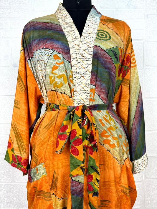 Recycle Boho House Robe Kimono Vintage Silk Sari Dressing Gown, Beach Coverup, Bridesmaid, Anniversary Gift Her | Floral Print