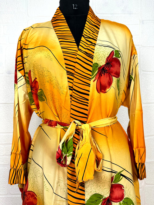 Recycle Boho House Robe Kimono Vintage Silk Sari Dressing Gown, Beach Coverup, Bridesmaid, Anniversary Gift Her | Floral Print