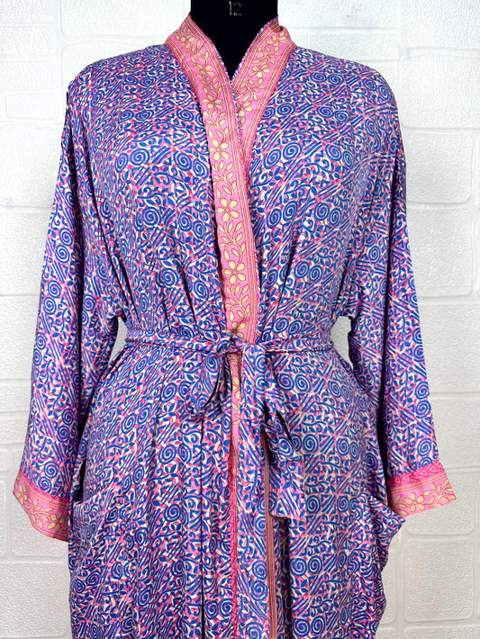 Recycle Boho House Robe Kimono Vintage Silk Sari Dressing Gown, Beach Coverup, Bridesmaid, Anniversary Gift Her | Floral Print