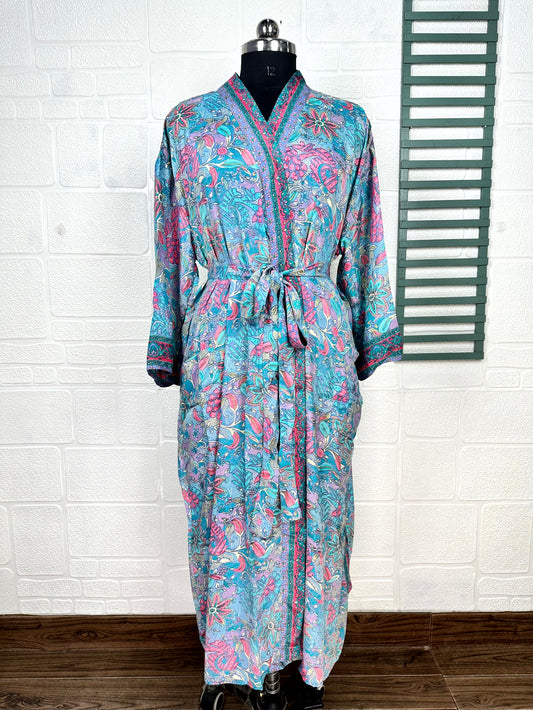 Bohemian New Silk Sari Kimono Women Regal House Beach Robe | Blue Pink Floral Luxury Anniversary Birthday Gift For Her