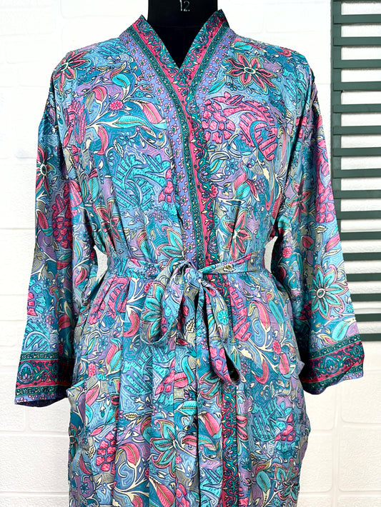 Bohemian New Silk Sari Kimono Women Regal House Beach Robe | Blue Pink Floral Luxury Anniversary Birthday Gift For Her