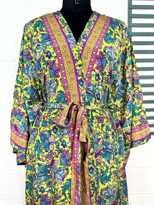 Bohemian New Silk Sari Kimono Women Regal House Beach Robe | Green Pink Floral Luxury Anniversary Birthday Gift For Her