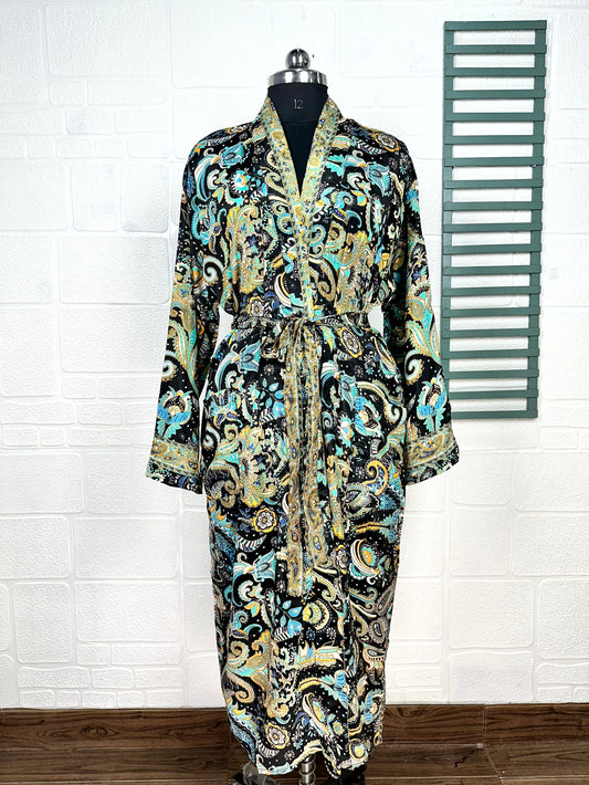 Boho Men's Soft Silk Kimono, Man Regal House Beach Robe, Persian King Floral Elegant Black Blue Hues