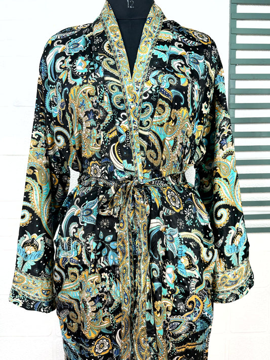 Boho Men's Soft Silk Kimono, Man Regal House Beach Robe, Persian King Floral Elegant Black Blue Hues