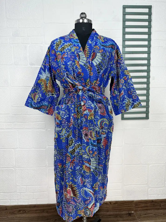 Kantha Pure Cotton Reversible Long Kimono Women Jacket Floral Print Blue Red