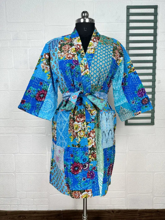 Kantha Reine Baumwolle Wendbare Lange Kimono Damen Jacke Pastell Grün Affe Tier