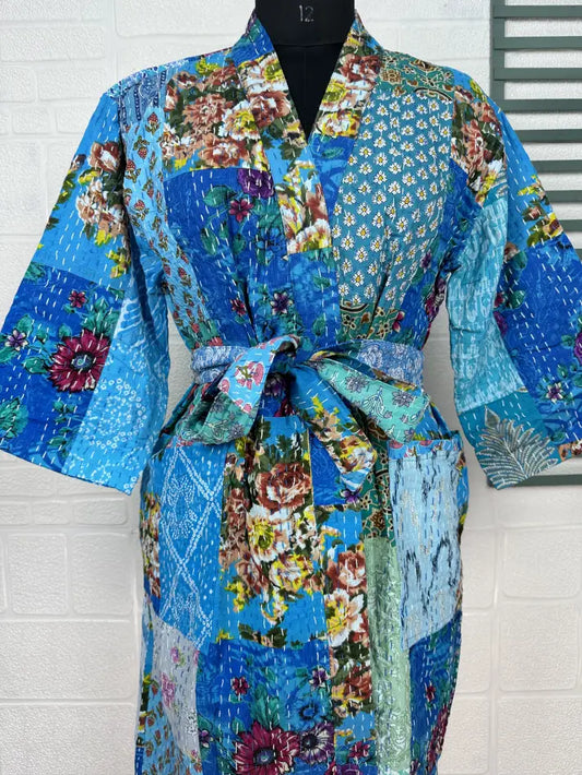 Kantha Pur Coton Réversible Long Kimono Femme Veste Pastel Vert Singe Animal