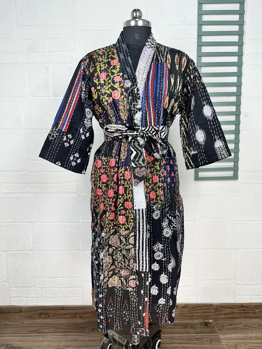 Kantha Reine Baumwolle Wendbare Lange Kimono Damen Jacke Pastell Grün Affe Tier