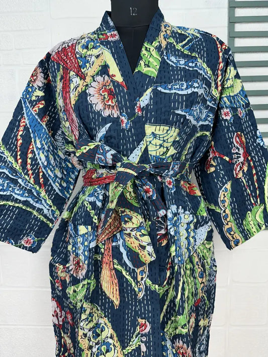 Kantha Pur Coton Réversible Long Kimono Femme Veste Pastel Vert Singe Animal