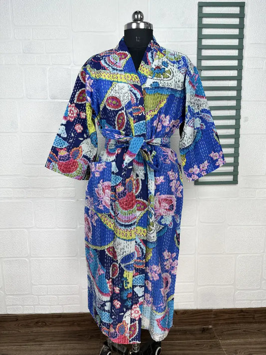 Kantha Reine Baumwolle Wendbare Lange Kimono Damen Jacke Pastell Grün Affe Tier