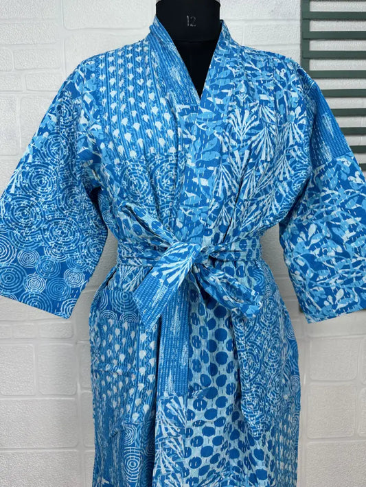 Kantha Pure Cotton Reversible Short Kimono Women Jacket Leaf Print Blue White