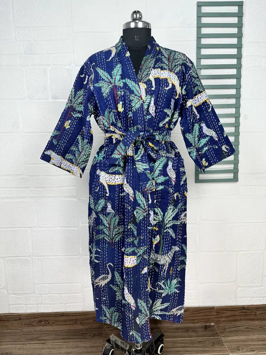 Kantha Pure Cotton Reversible Short Kimono Women Jacket Jungle Print Blue Green