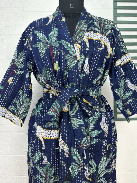 Kantha Pur Coton Réversible Long Kimono Femme Veste Pastel Vert Singe Animal