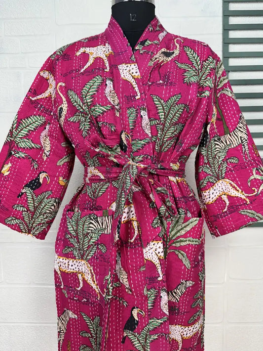 Kantha Pur Coton Réversible Long Kimono Femme Veste Pastel Vert Singe Animal