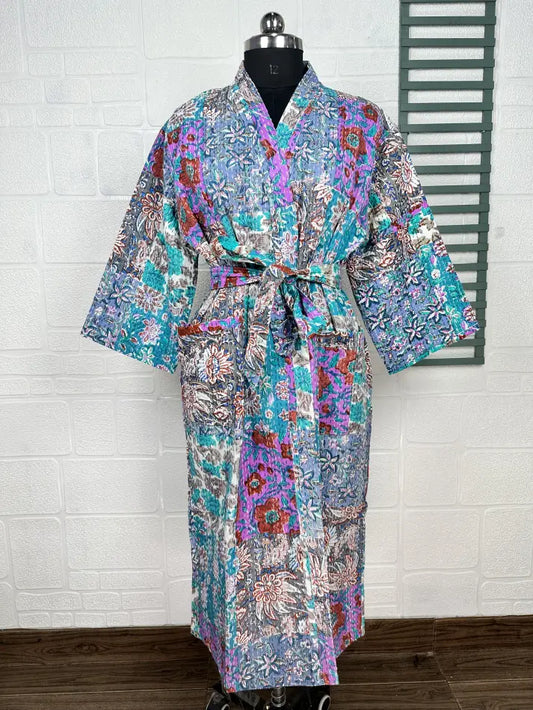 Kantha Pure Cotton Reversible Short Kimono Women Jacket Floral Print Blue Pink