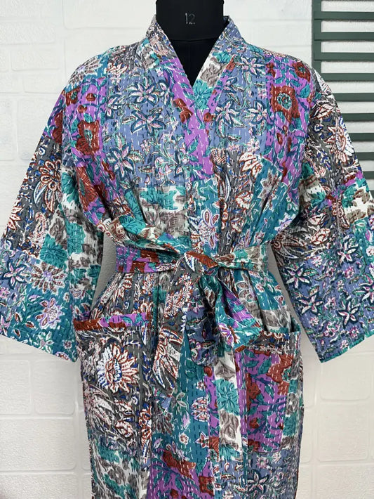 Kantha Pur Coton Réversible Long Kimono Femme Veste Pastel Vert Singe Animal