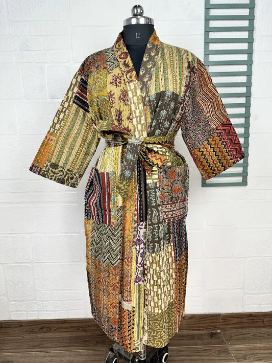 Kantha Reine Baumwolle Wendbare Lange Kimono Damen Jacke Pastell Grün Affe Tier