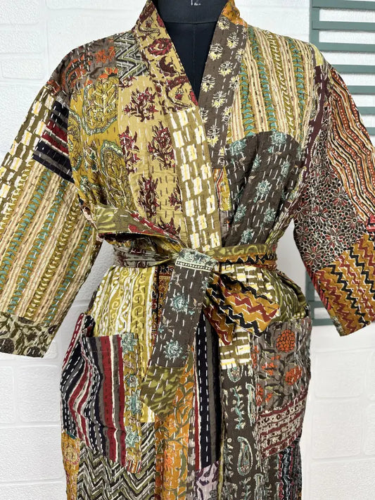 Kantha Pure Cotton Reversible Short Kimono Women Jacket Patchwork Beige Brown