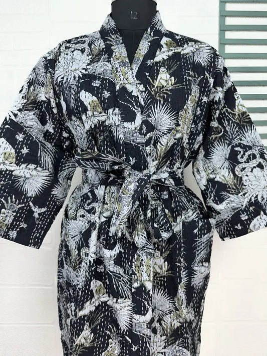 Kantha Pure Cotton Reversible Short Kimono Women Jacket Jungle Print Black White