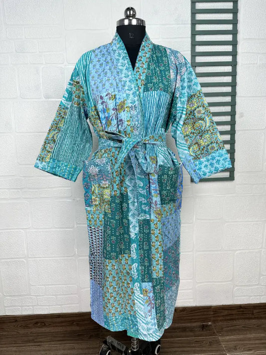 Kantha Pur Coton Réversible Long Kimono Femme Veste Pastel Vert Singe Animal