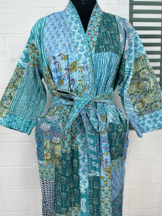 Kantha Pure Cotton Reversible Short Kimono Women Jacket Floral Print Blue Yellow