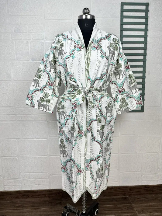 Kantha Pure Cotton Reversible Short Kimono Women Jacket Jungle Print White Green