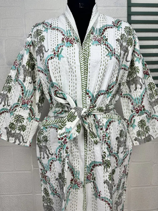 Kantha Pure Cotton Reversible Short Kimono Women Jacket Jungle Print White Green