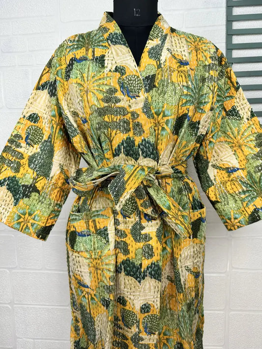 Kantha Pure Cotton Reversible Short Kimono Women Jacket Bird Print Yellow Green