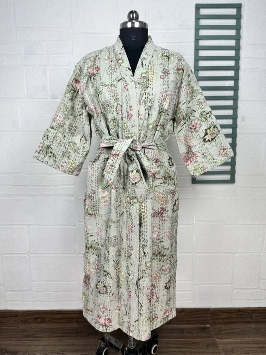 Kantha Reine Baumwolle Wendbare Lange Kimono Damen Jacke Pastell Grün Affe Tier