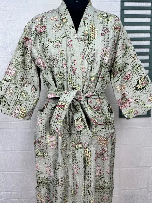 Kantha Pur Coton Réversible Long Kimono Femme Veste Pastel Vert Singe Animal