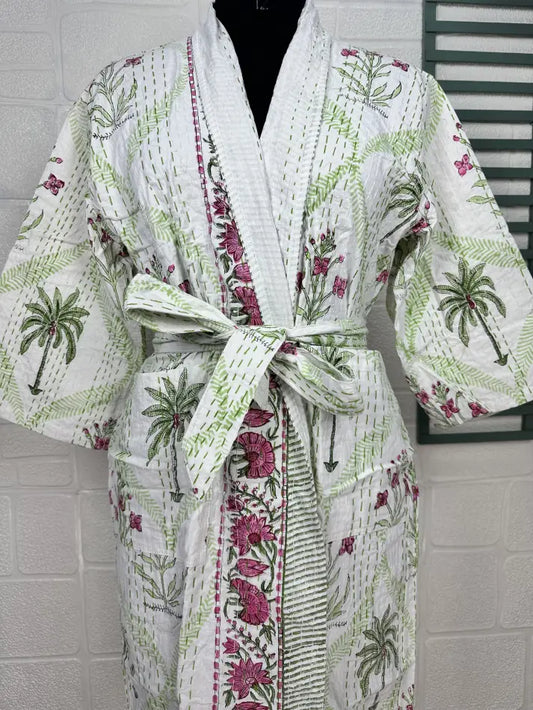 Kantha Pure Cotton Reversible Short Kimono Women Jacket Floral Print White Green