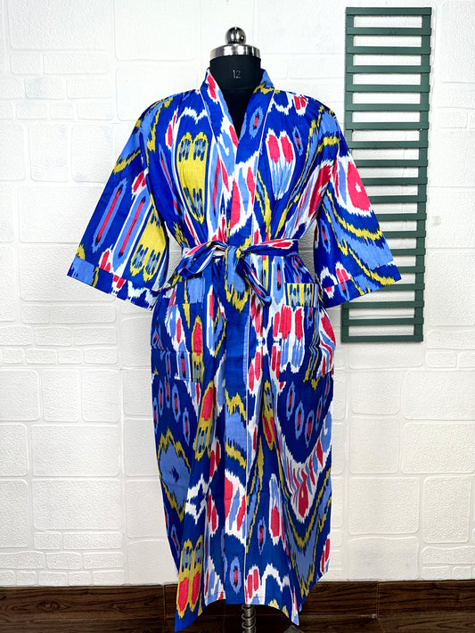 Boho Cotton Kimono House Robe Indian Handprinted Ikat Print Pattern | Lightweight Summer Luxury Beach Holidays Yacht Cover Up Stunning Dress