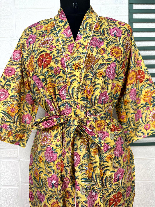 Boho Cotton Kimono House Robe Indian Handprinted Floral Print Pattern | Lightweight Summer Luxury Beach Holidays Yacht Cover Up Stunning Dress