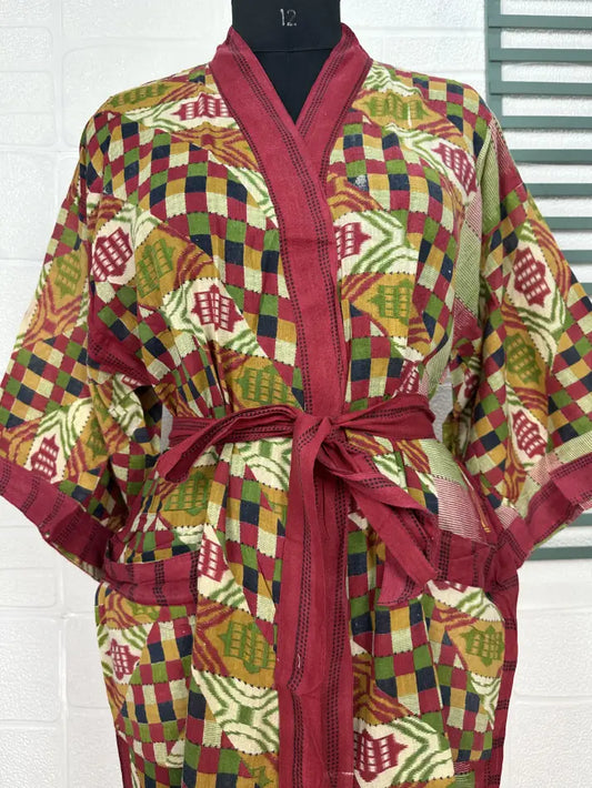 Recycled Pure Cotton Vintage Kimono Open Jacket Boho Summer TieDye House Robe, Beach Coverup | Beige Red Geometric Style Print