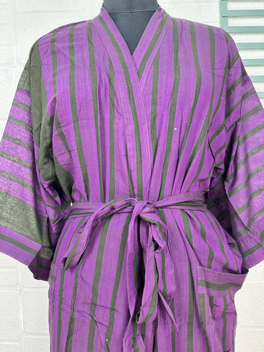 Recycled Pure Cotton Vintage Kimono Open Jacket Boho Summer TieDye House Robe, Beach Coverup | Purple Black