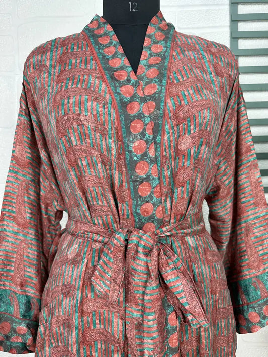 Recycle Boho House Robe Kimono Vintage Silk Sari Dressing Gown, Beach Coverup, Bridesmaid, Anniversary Gift Her | Red Blue