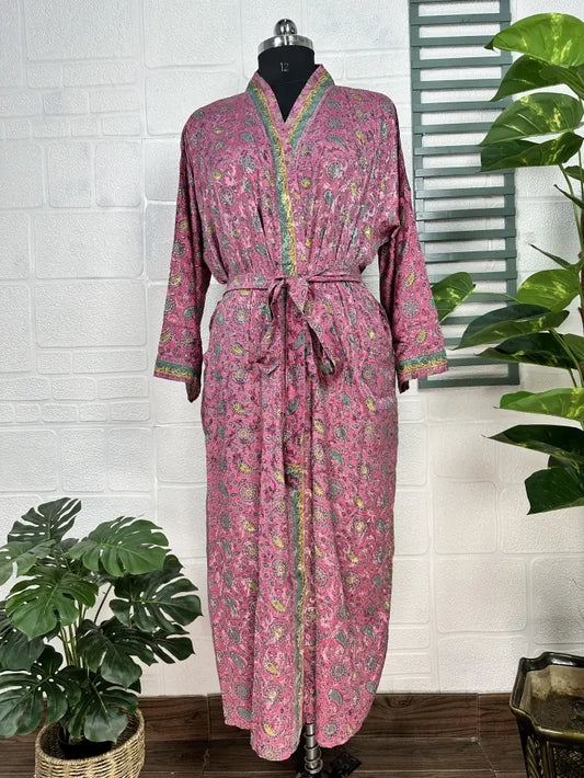 Recycle Boho House Robe Kimono Vintage Silk Sari Dressing Gown, Beach Coverup, Bridesmaid, Anniversary Gift Her | Pink Yellow